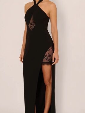 Adrianna Papell Black Halter Maxi Dress with Lace Inset